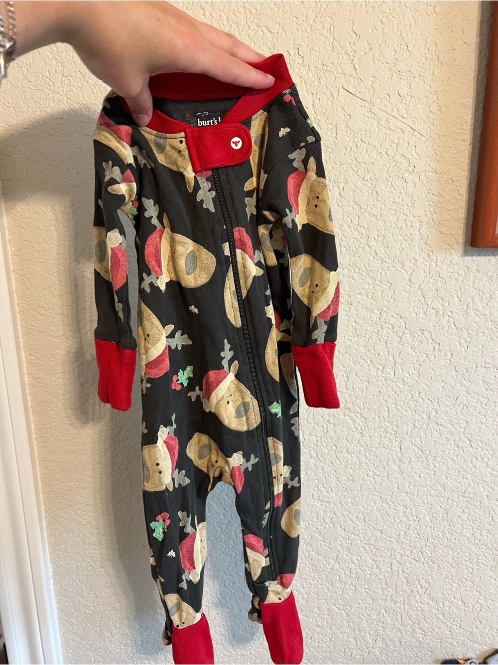 Burt's Bees Baby Black Footed Jumpsuit with Red Trim and Reindeer Print